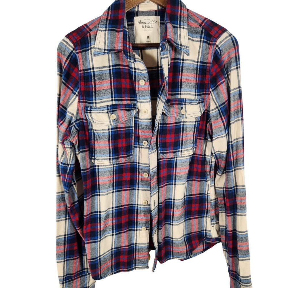 Abercrombie & Fitch Muscle Red Blue Plaid Flannel Long Sleeve Button Up Shirt M